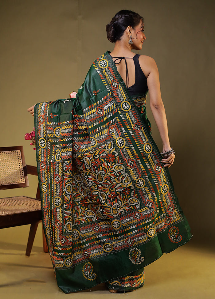 Green Handloom Kantha Stitch Pure Silk Saree With Blouse Piece