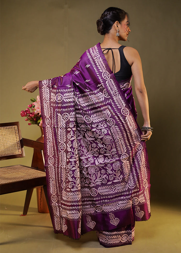 Purple Handloom Kantha Stitch Pure Silk Saree With Blouse Piece