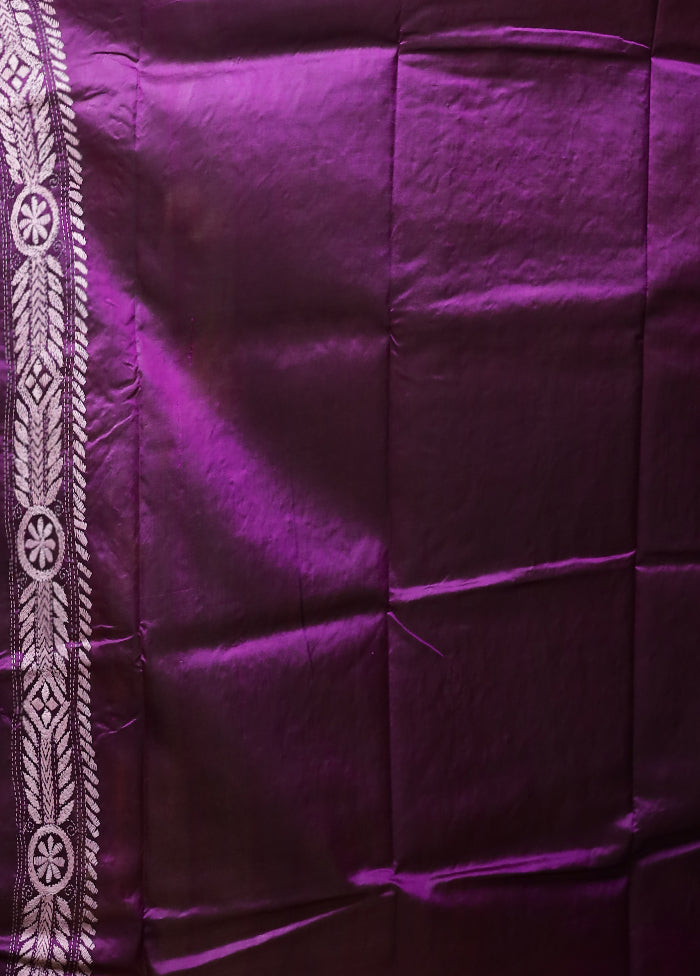 Purple Handloom Kantha Stitch Pure Silk Saree With Blouse Piece