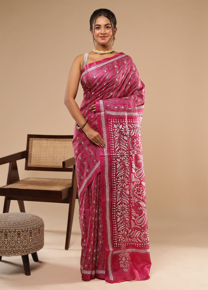 Pink Handloom Kantha Stitch Pure Silk Saree With Blouse Piece