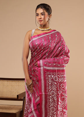 Pink Handloom Kantha Stitch Pure Silk Saree With Blouse Piece