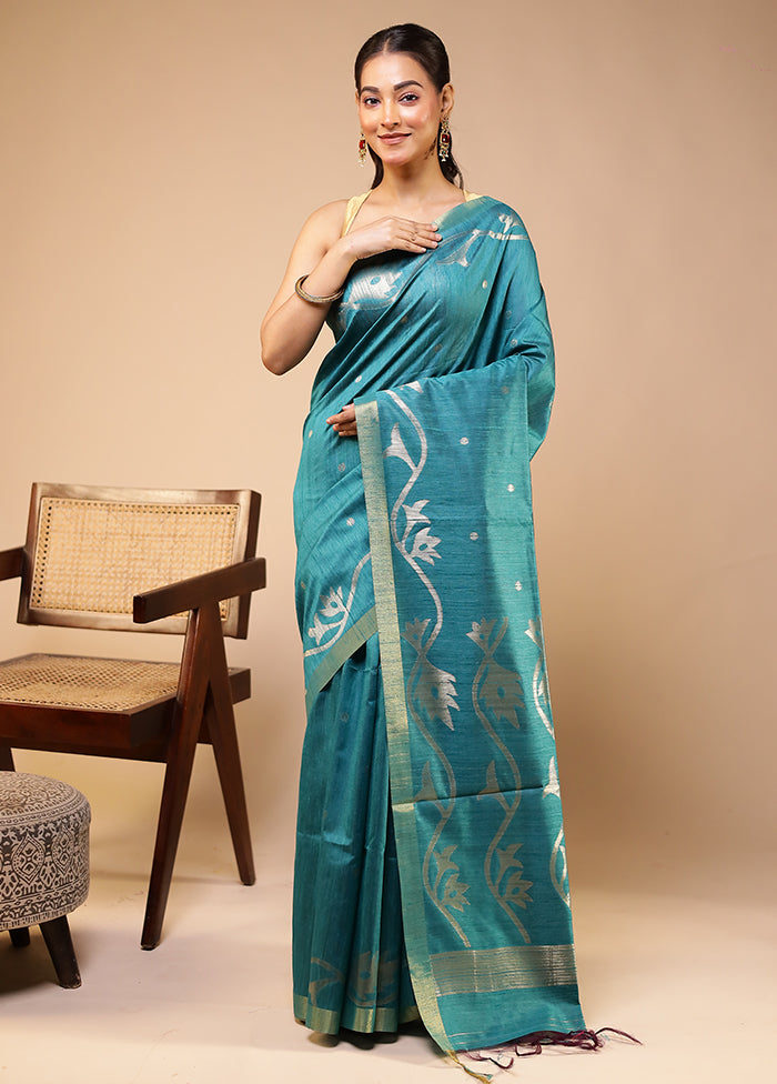 Green Tussar Silk Saree With Blouse Piece