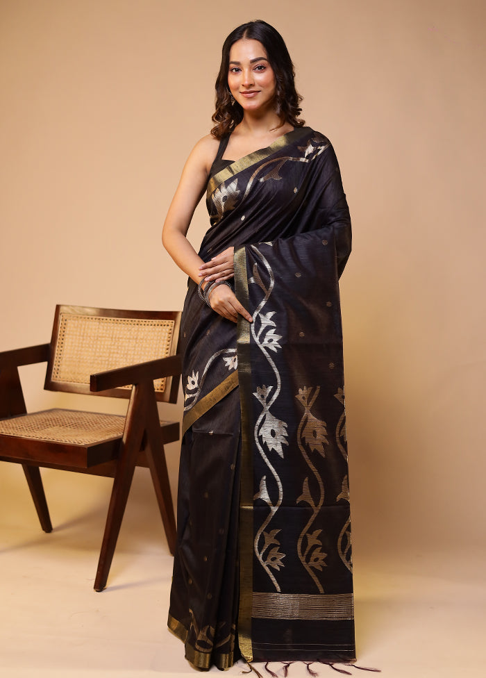 Black Tussar Silk Saree With Blouse Piece