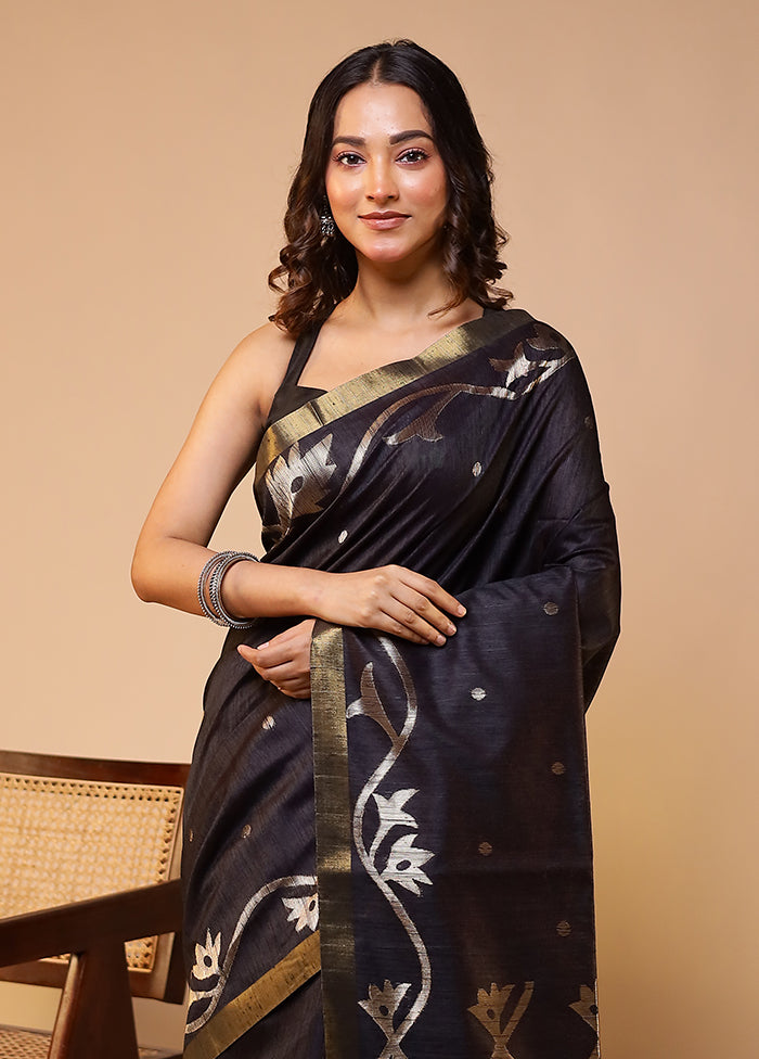 Black Tussar Silk Saree With Blouse Piece