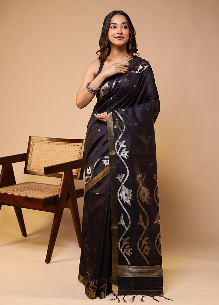 Black Tussar Silk Saree With Blouse Piece