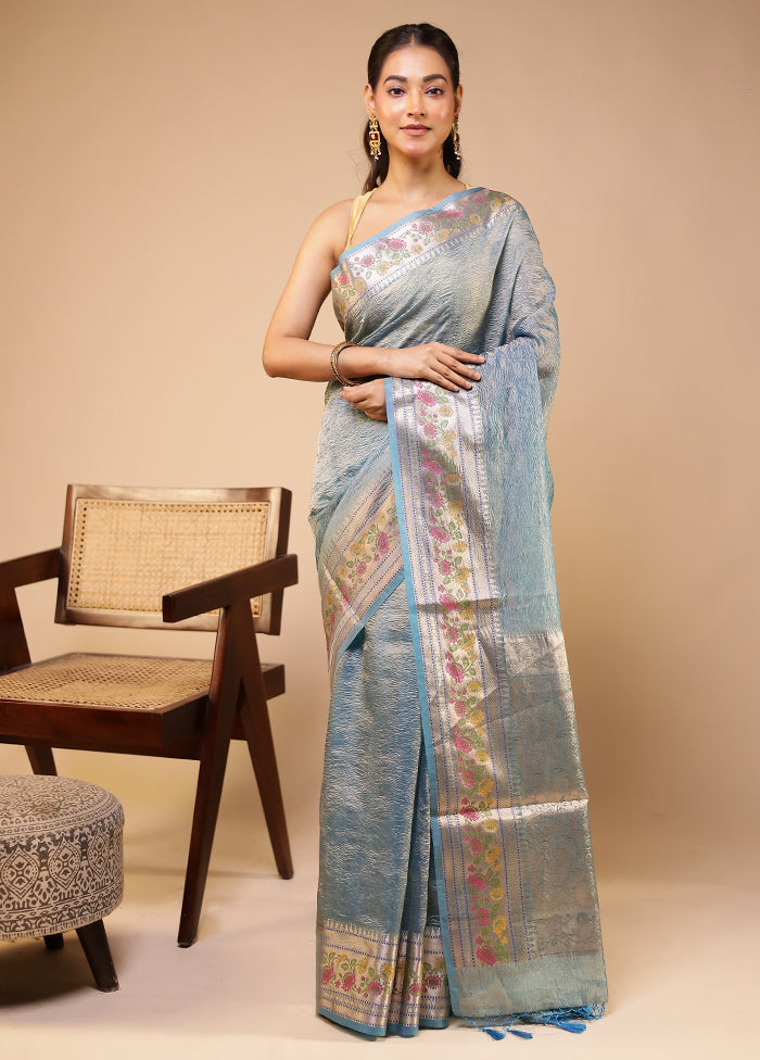 Blue Tissue Silk Saree With Blouse Piece