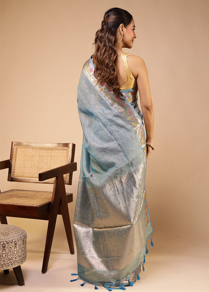 Blue Tissue Silk Saree With Blouse Piece