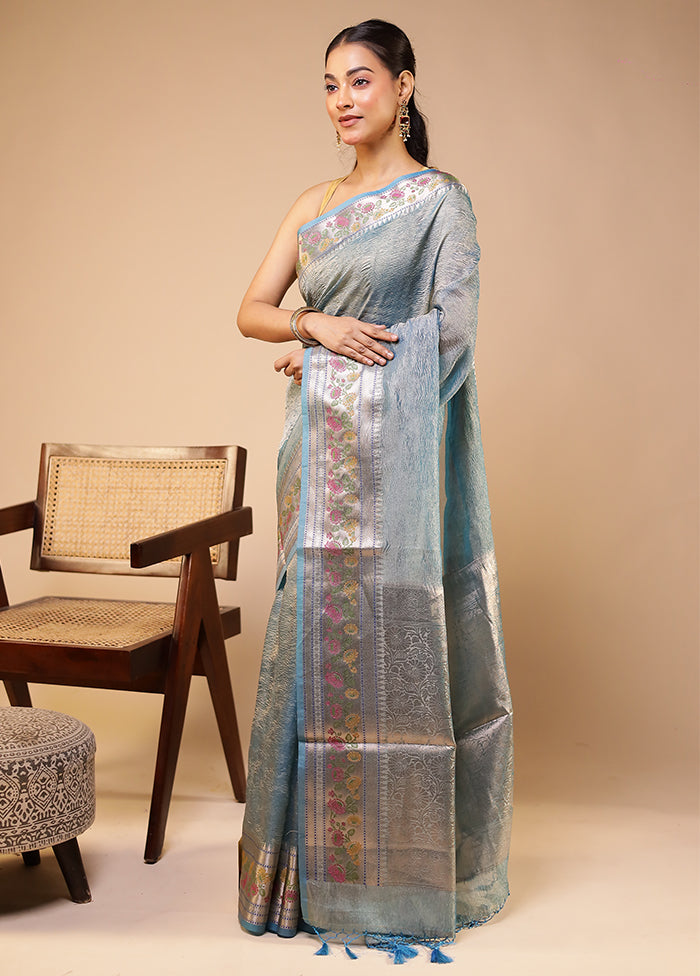 Blue Tissue Silk Saree With Blouse Piece