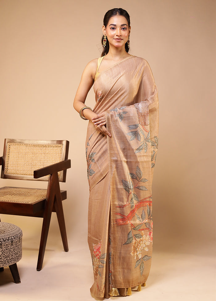 Cream Linen Silk Saree With Blouse Piece