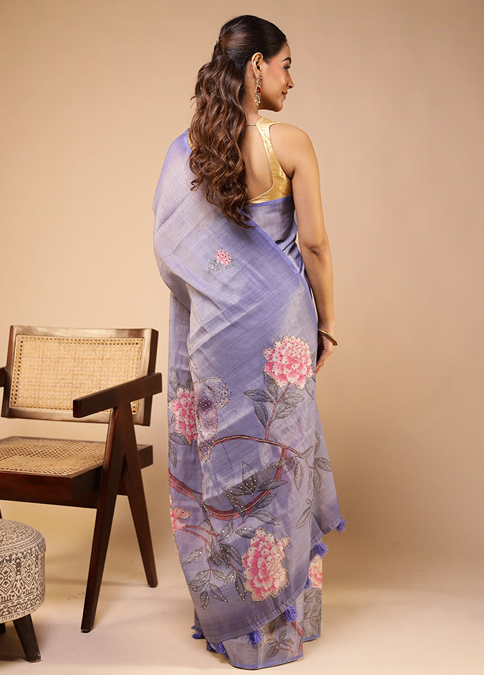 Purple Linen Silk Saree With Blouse Piece