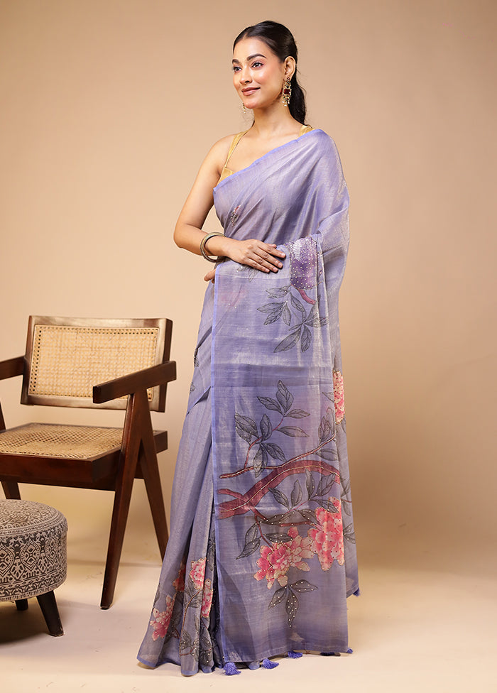 Purple Linen Silk Saree With Blouse Piece