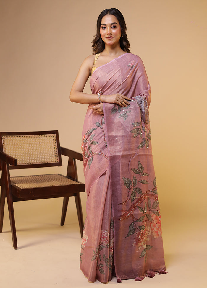 Pink Linen Silk Saree With Blouse Piece