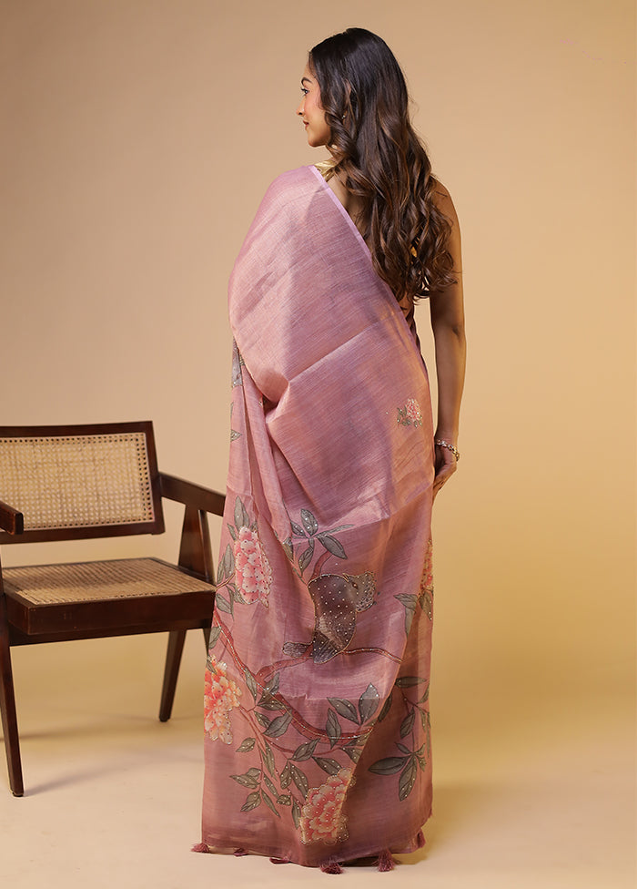 Pink Linen Silk Saree With Blouse Piece