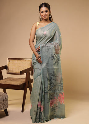 Green Linen Silk Saree With Blouse Piece