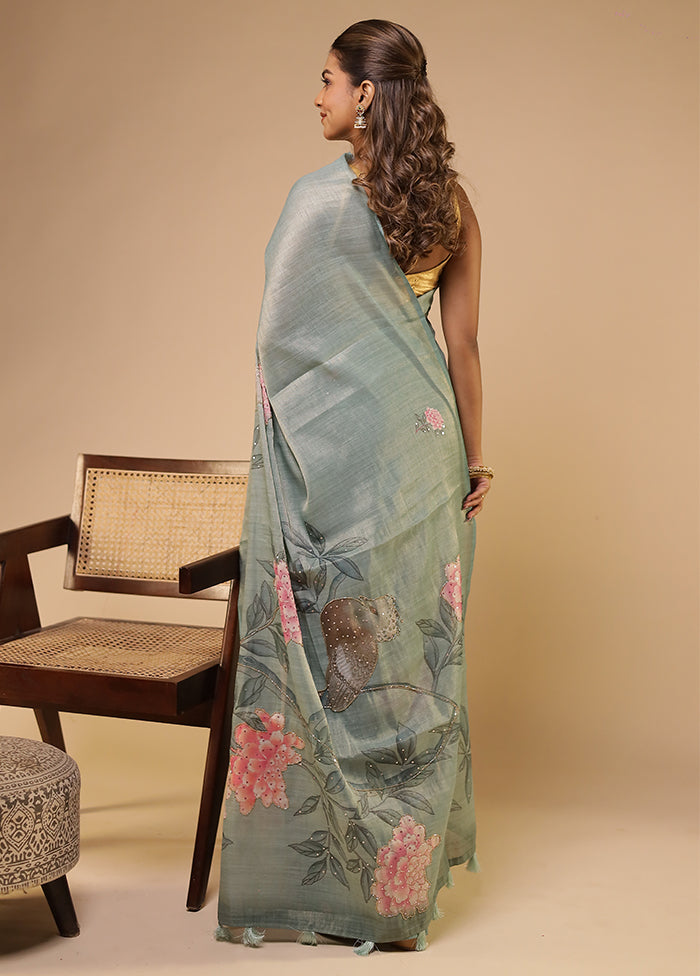 Green Linen Silk Saree With Blouse Piece