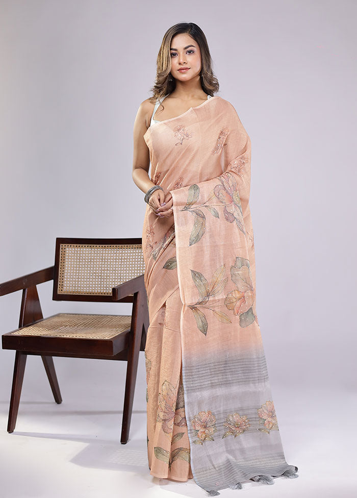 Grey Linen Silk Saree With Blouse Piece