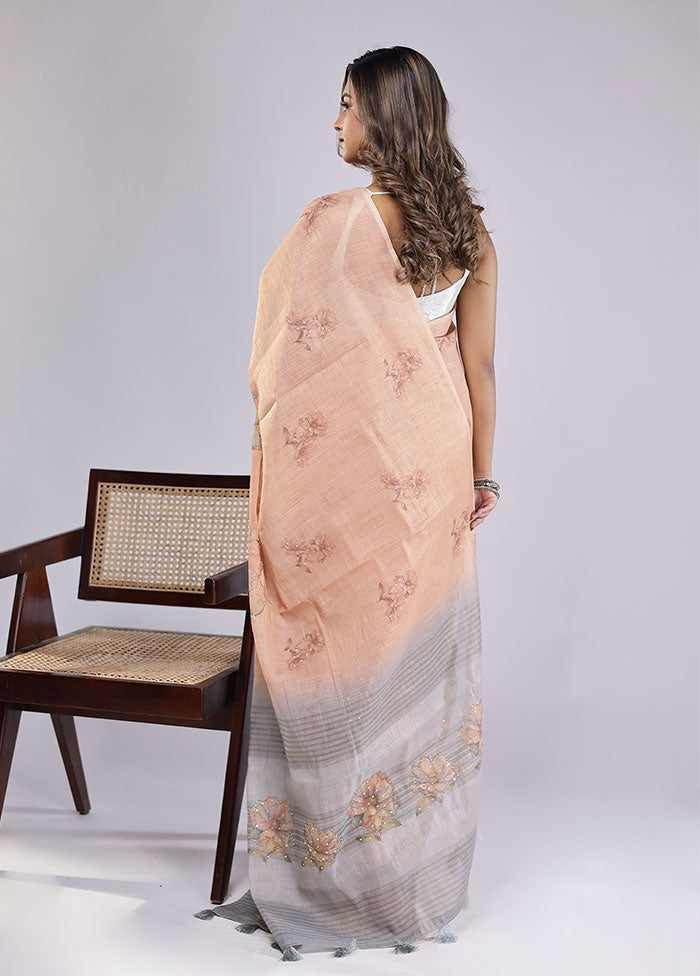 Grey Linen Silk Saree With Blouse Piece