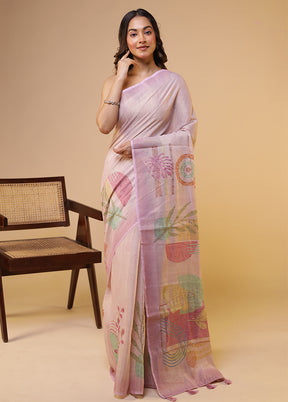 Pink Linen Silk Saree With Blouse Piece