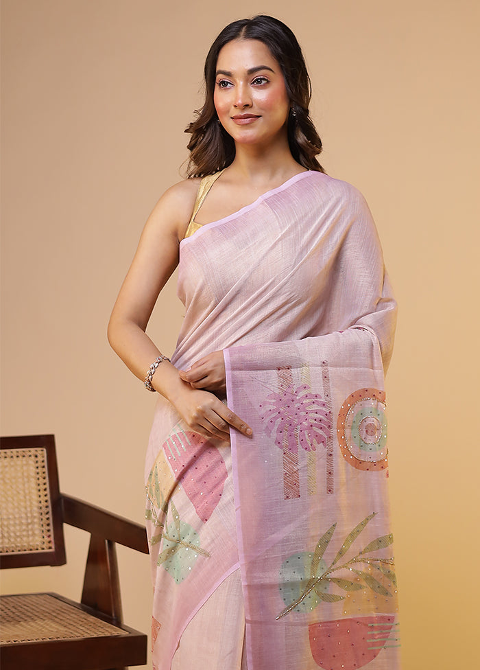 Pink Linen Silk Saree With Blouse Piece