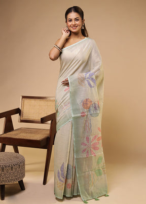 Green Linen Silk Saree With Blouse Piece