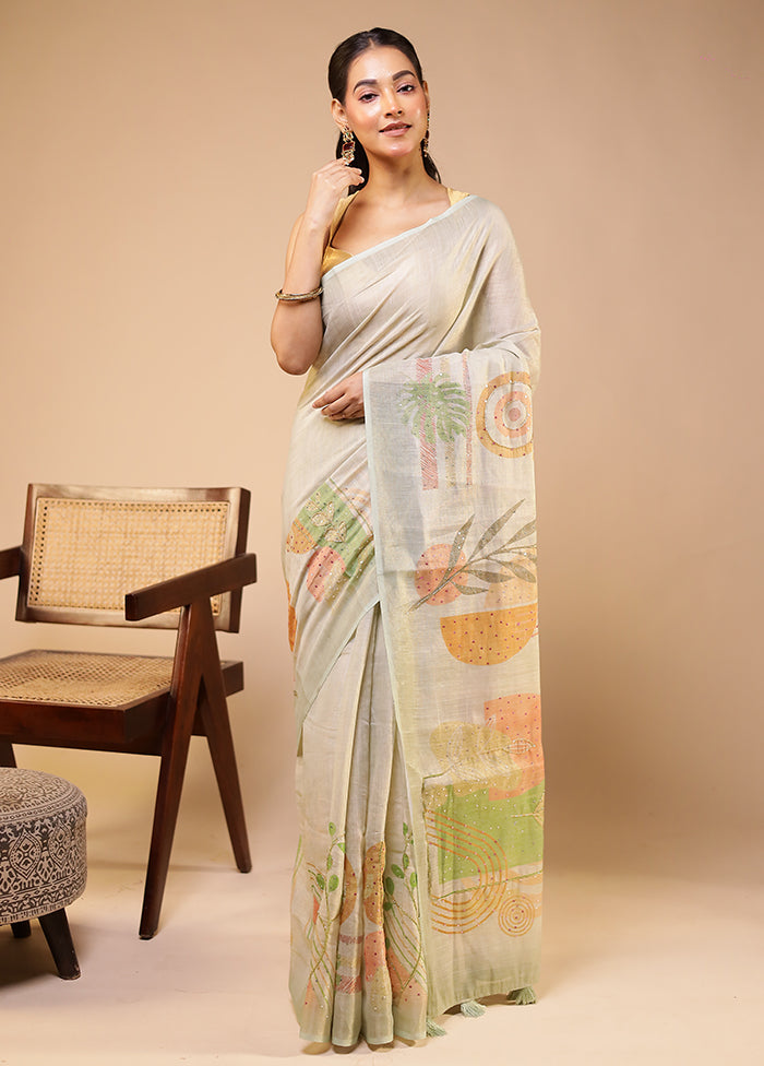 Green Linen Silk Saree With Blouse Piece