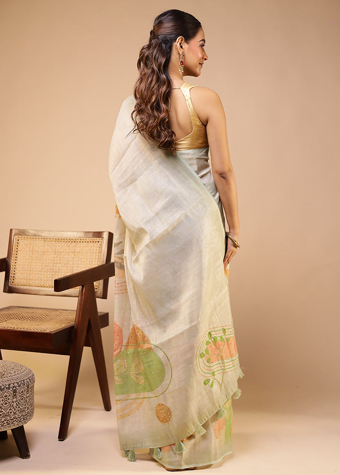 Green Linen Silk Saree With Blouse Piece