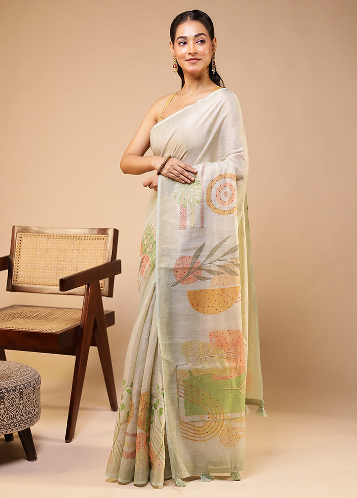 Green Linen Silk Saree With Blouse Piece
