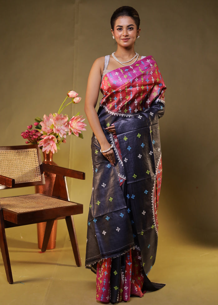 Multicolor Handloom Kantha Stitch Pure Silk Saree With Blouse Piece
