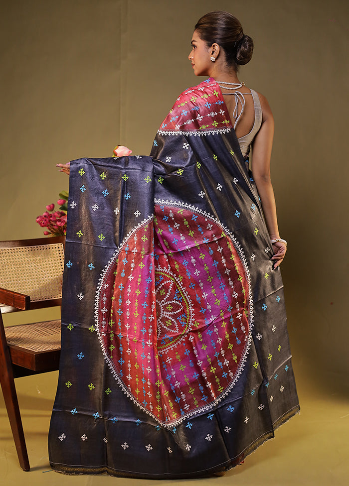 Multicolor Handloom Kantha Stitch Pure Silk Saree With Blouse Piece