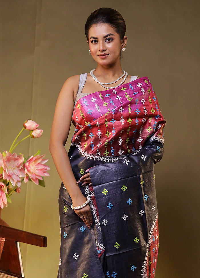 Multicolor Handloom Kantha Stitch Pure Silk Saree With Blouse Piece