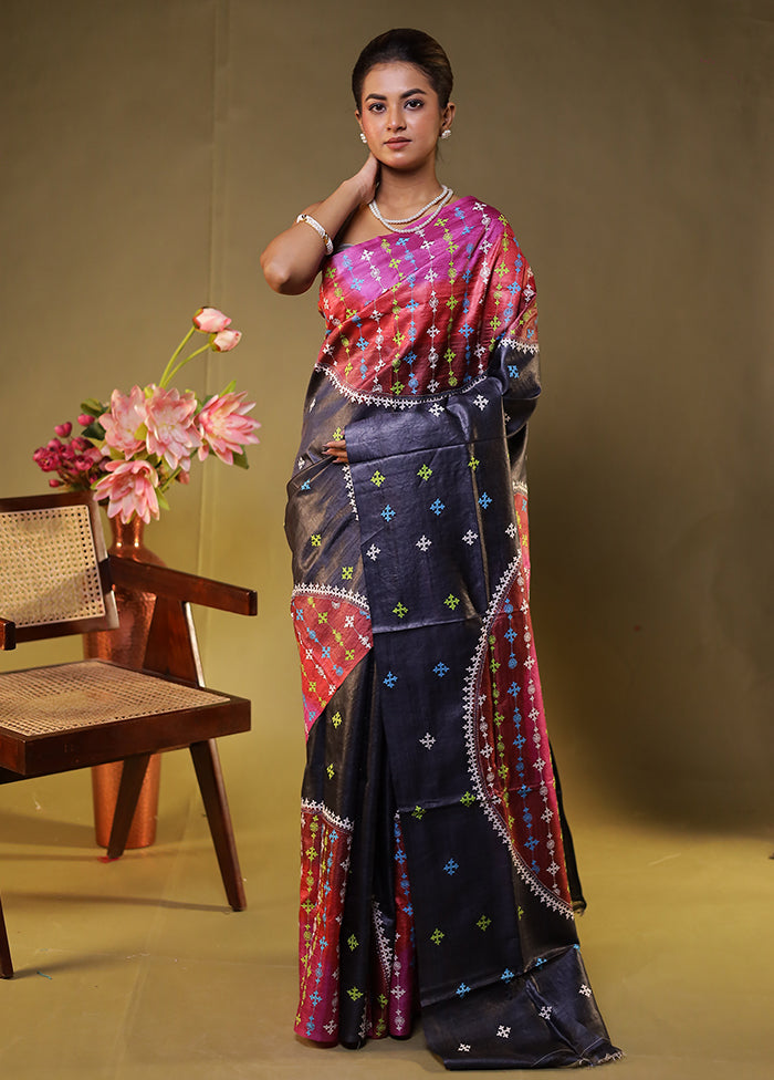 Multicolor Handloom Kantha Stitch Pure Silk Saree With Blouse Piece
