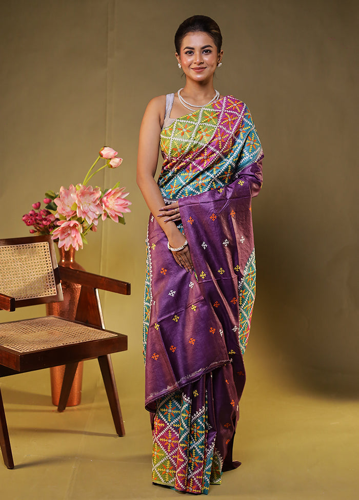 Multicolor Handloom Kantha Stitch Pure Silk Saree With Blouse Piece