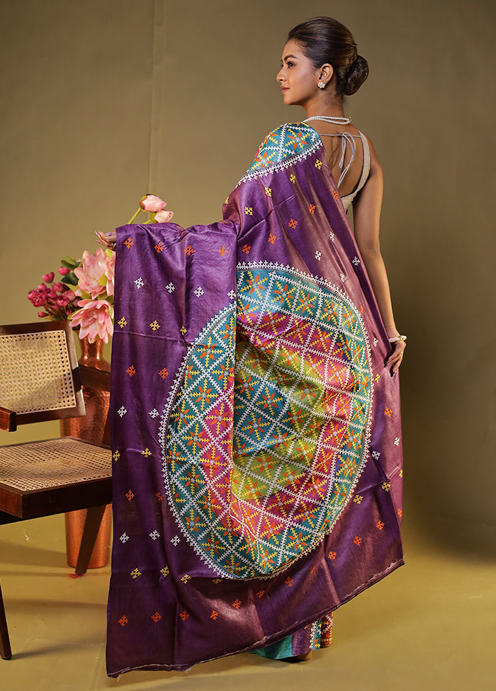 Multicolor Handloom Kantha Stitch Pure Silk Saree With Blouse Piece