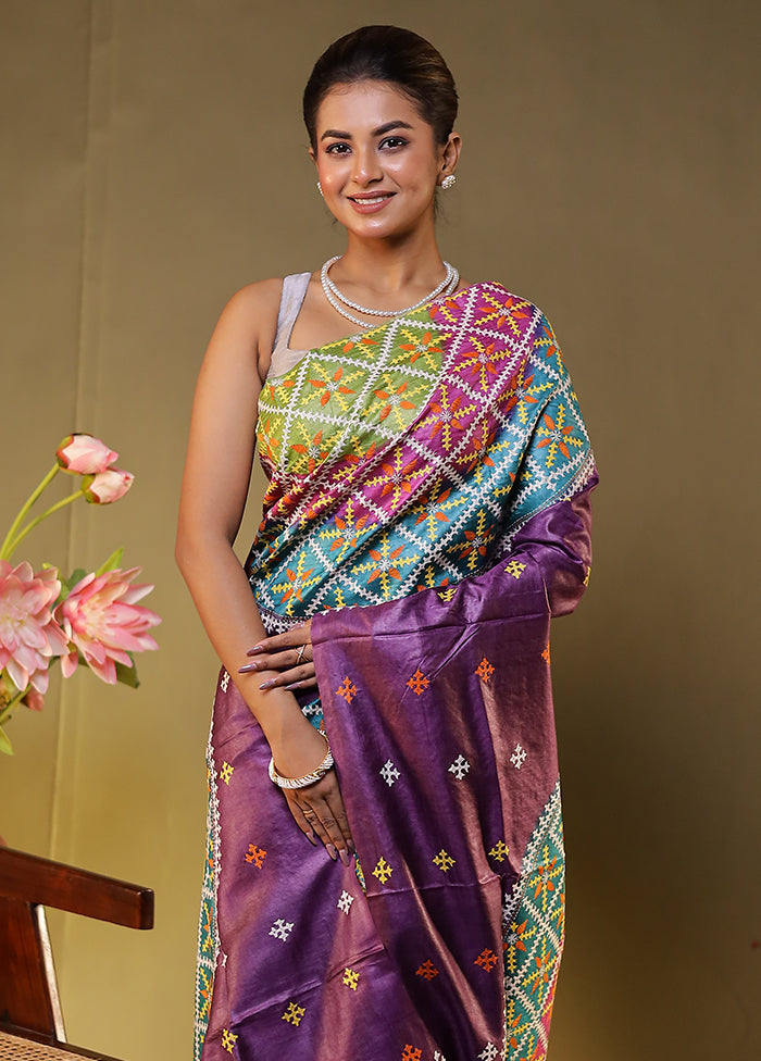 Multicolor Handloom Kantha Stitch Pure Silk Saree With Blouse Piece