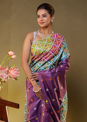 Multicolor Handloom Kantha Stitch Pure Silk Saree With Blouse Piece