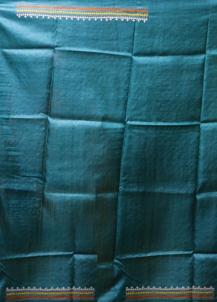 Multicolor Handloom Kantha Stitch Pure Silk Saree With Blouse Piece