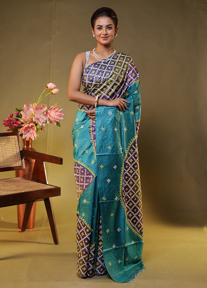 Multicolor Handloom Kantha Stitch Pure Silk Saree With Blouse Piece