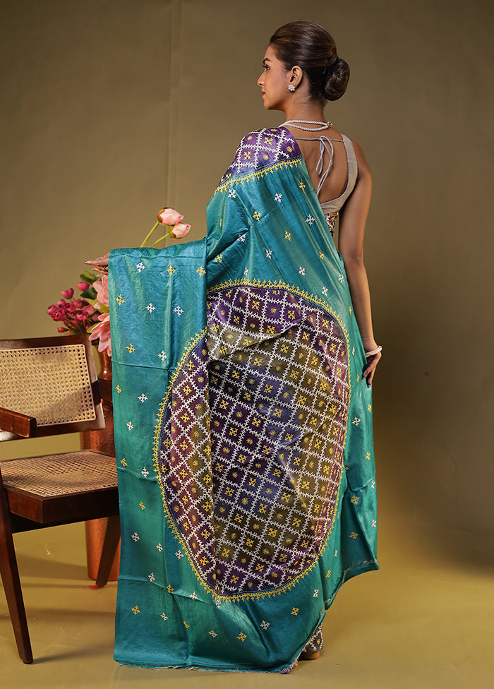 Multicolor Handloom Kantha Stitch Pure Silk Saree With Blouse Piece