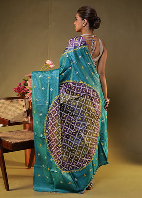 Multicolor Handloom Kantha Stitch Pure Silk Saree With Blouse Piece