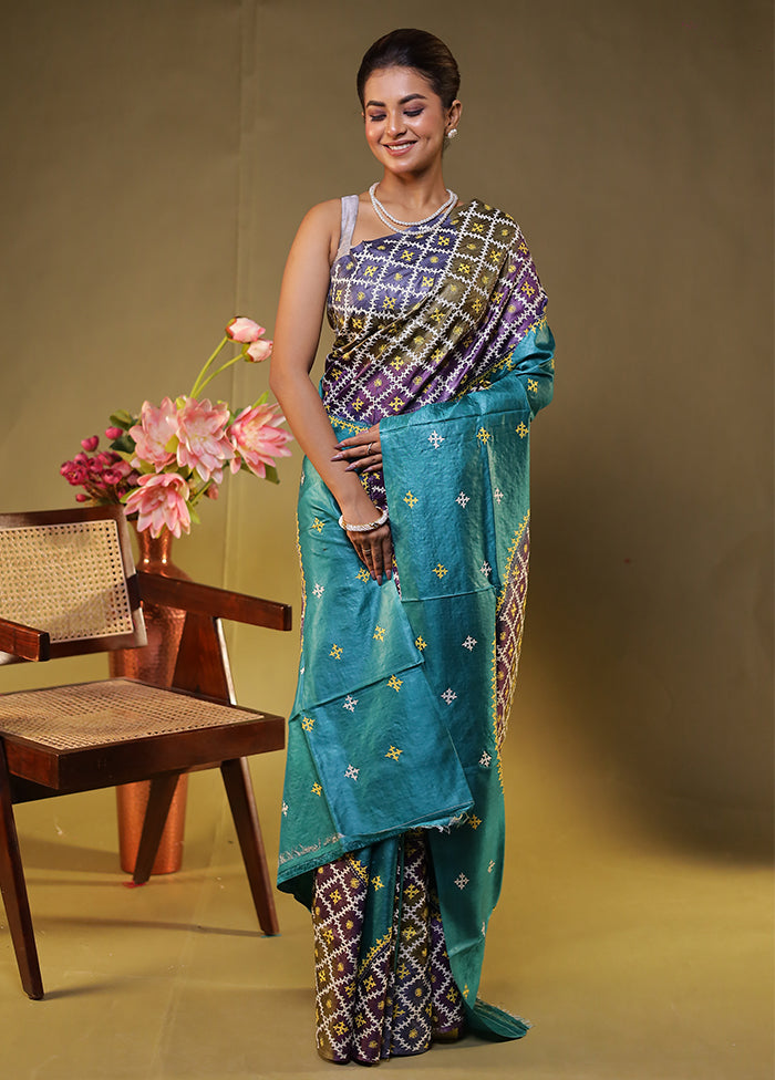 Multicolor Handloom Kantha Stitch Pure Silk Saree With Blouse Piece