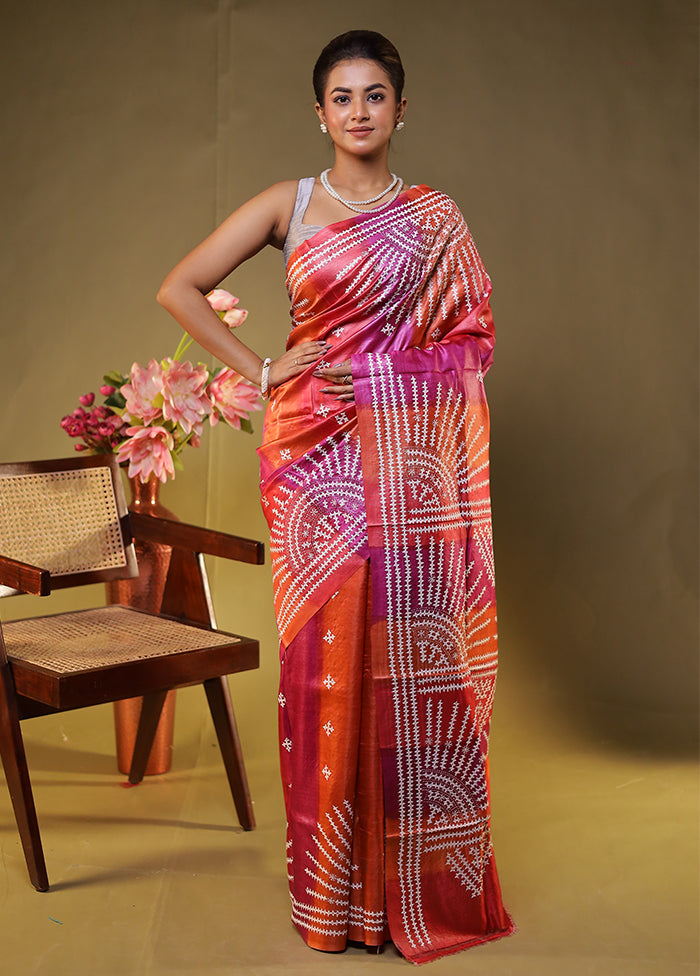 Multicolor Handloom Kantha Stitch Pure Silk Saree With Blouse Piece