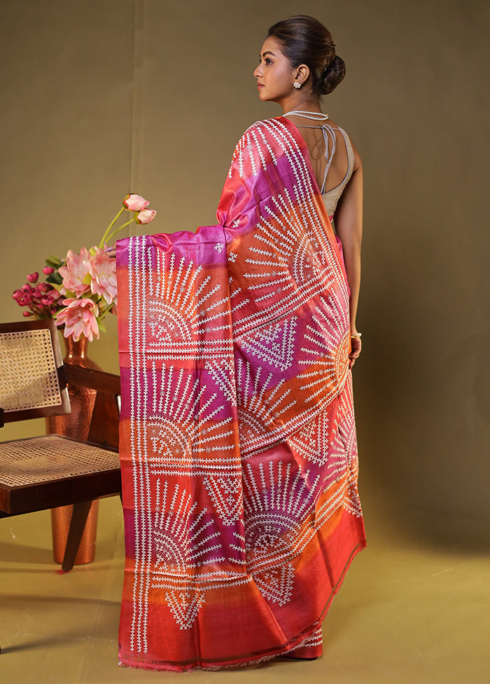 Multicolor Handloom Kantha Stitch Pure Silk Saree With Blouse Piece