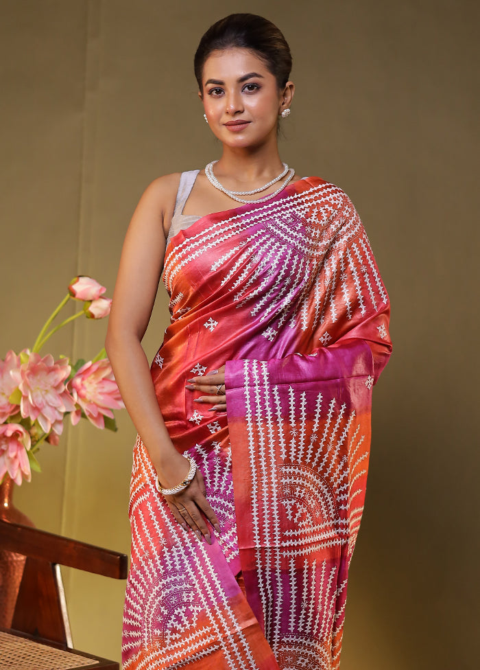 Multicolor Handloom Kantha Stitch Pure Silk Saree With Blouse Piece