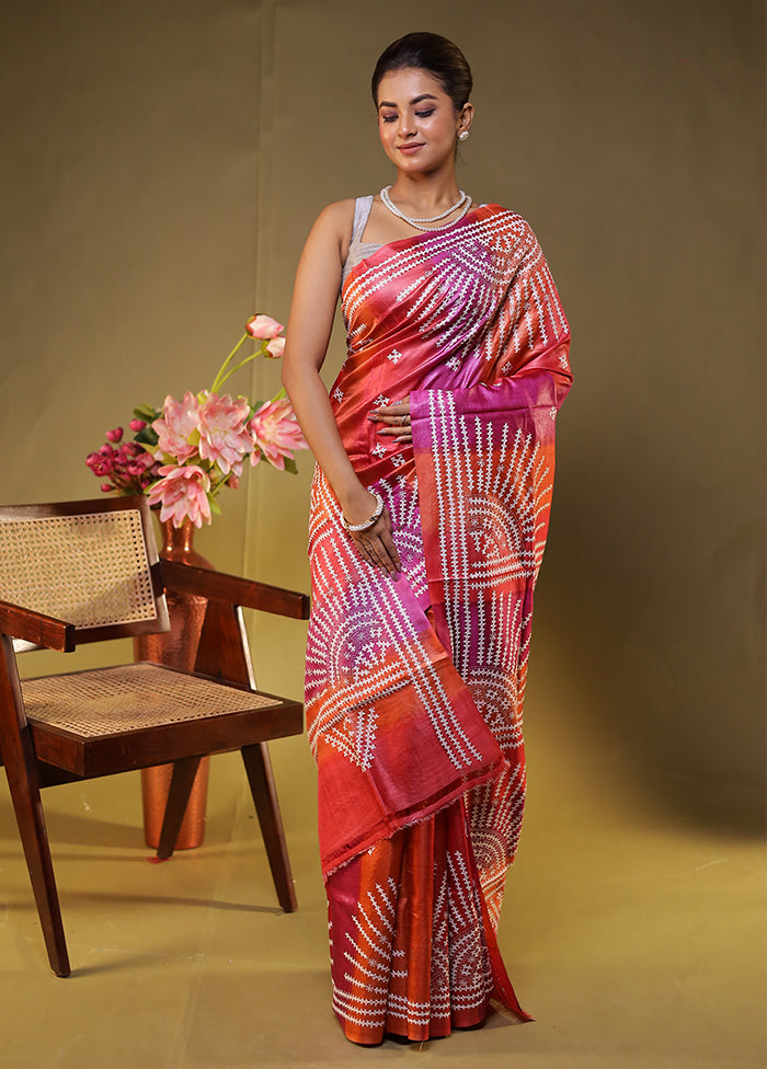 Multicolor Handloom Kantha Stitch Pure Silk Saree With Blouse Piece