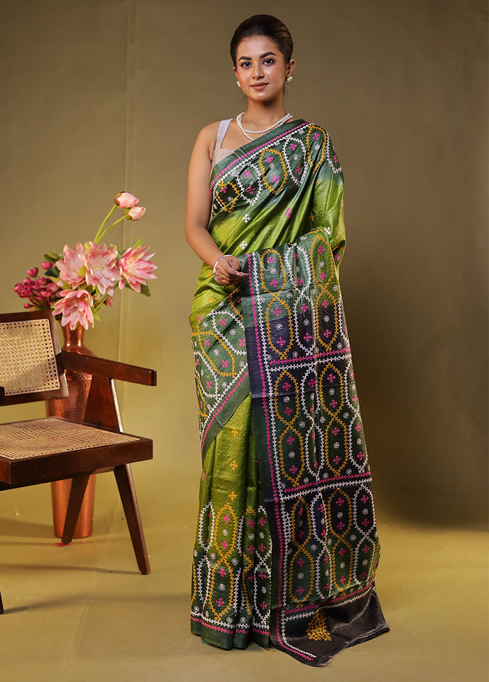 Multicolor Handloom Kantha Stitch Pure Silk Saree With Blouse Piece