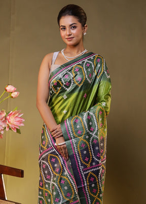 Multicolor Handloom Kantha Stitch Pure Silk Saree With Blouse Piece