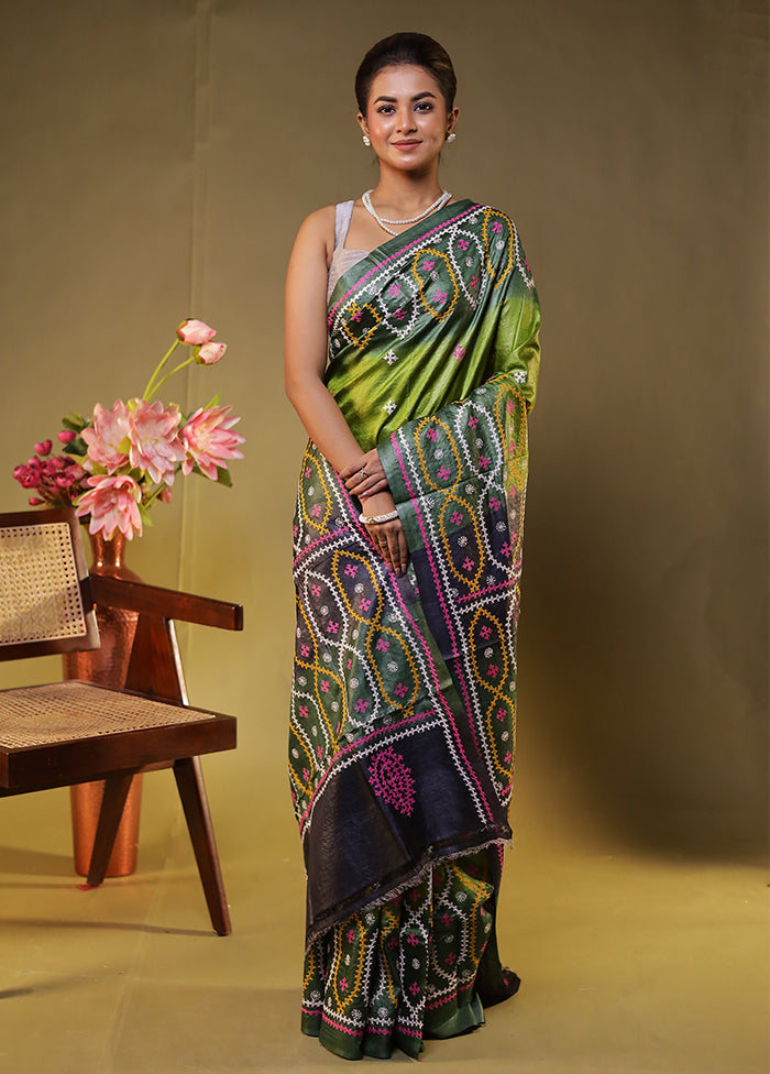 Multicolor Handloom Kantha Stitch Pure Silk Saree With Blouse Piece