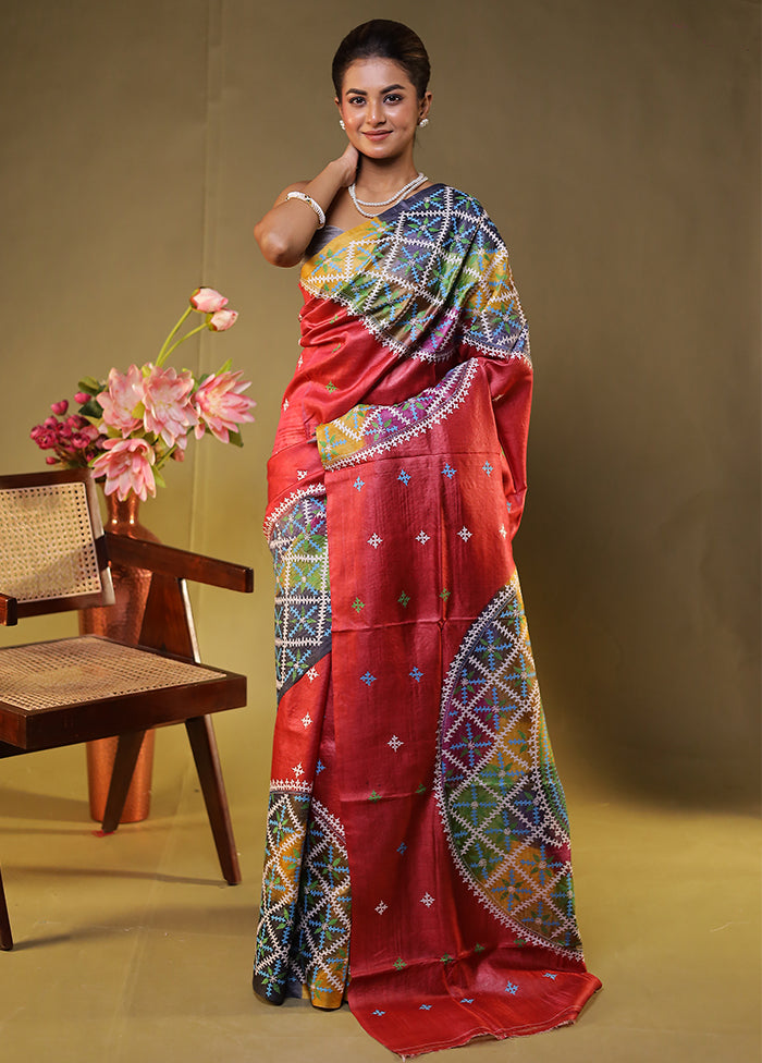 Multicolor Handloom Kantha Stitch Pure Silk Saree With Blouse Piece