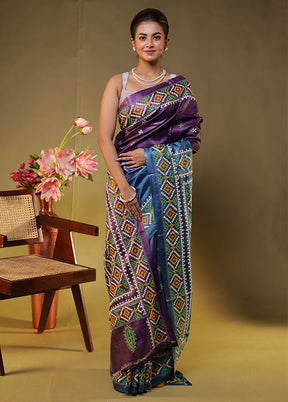 Multicolor Handloom Kantha Stitch Pure Silk Saree With Blouse Piece