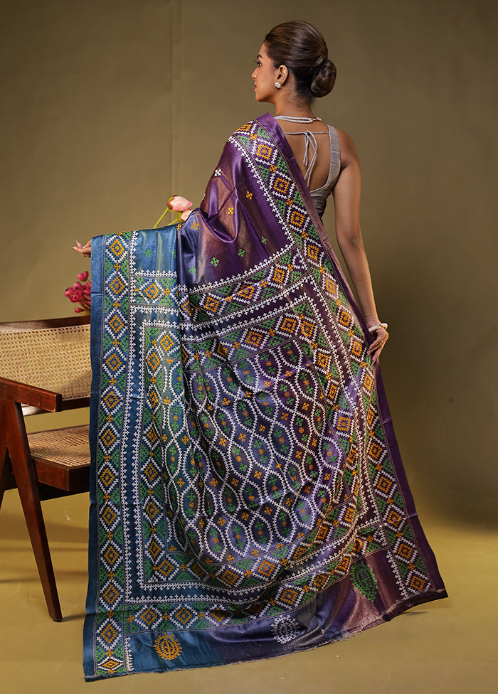 Multicolor Handloom Kantha Stitch Pure Silk Saree With Blouse Piece
